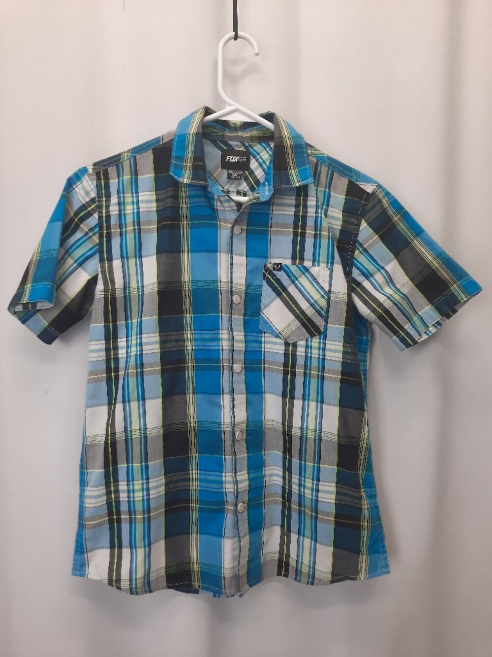Fox Racing Youth Boys Plaid Button Up Shirt Size M (10/12) Blue Black White